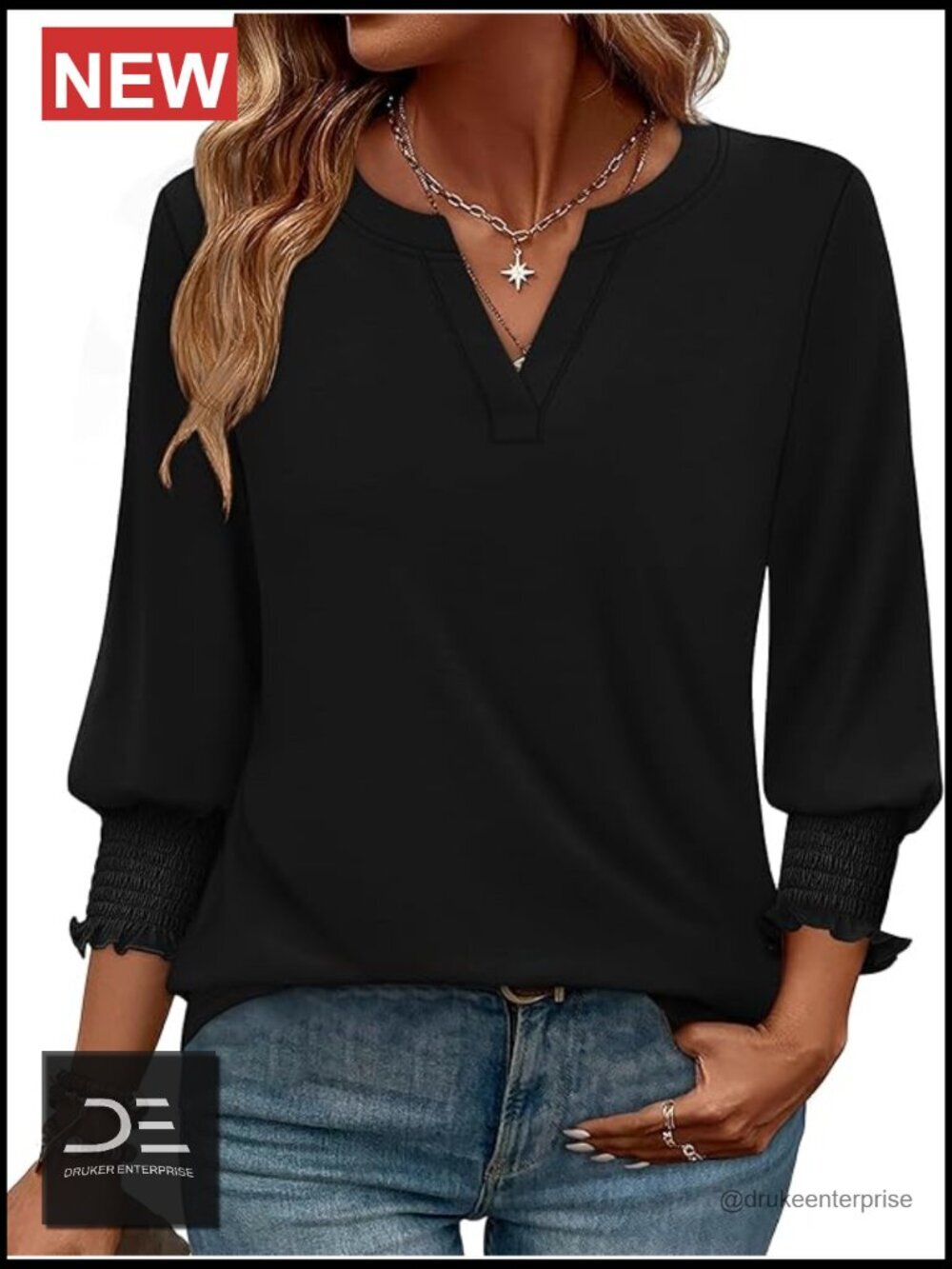 3/4 Sleeve Blouse for Women - V Neck Curved Hem Elastic Cuff Lightweight Casual